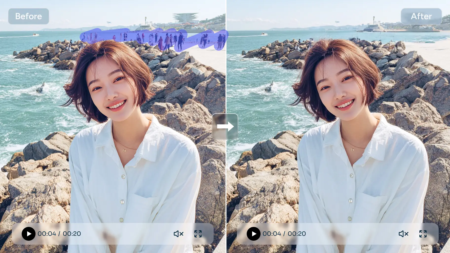한 여성 해변 동영상에서 배경 인물을 제거하기 전후 비교